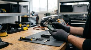 Tecnico che ripara un telecomando auto sul banco di lavoro